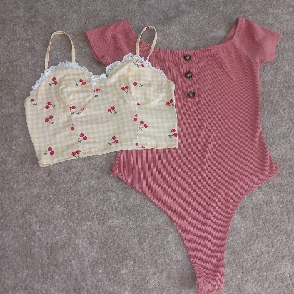 SHEIN Pink Ribbed One-Piece Bodysuit with Yellow Gingham Cherry Crop Top